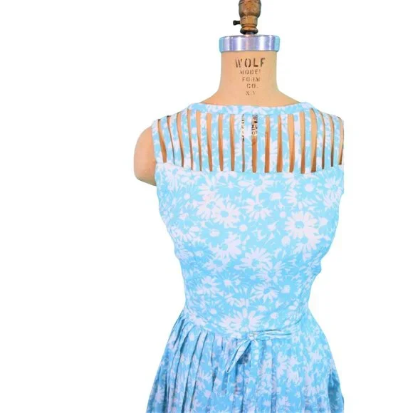 Vintage 1950s Sun Dress Caged Bodice Aqua Floral Sue BrettW 26